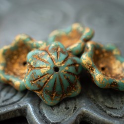 Clochettes Picasso bronze turquoise 14mm X4 Perles verre tchèque