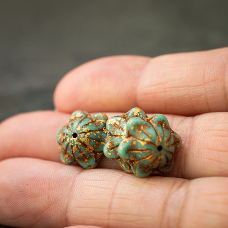 Clochettes Picasso bronze turquoise 14mm X4 Perles verre tchèque