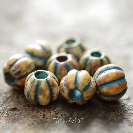 Melons Picasso bleu ivoire 8mm X10 Perles verre tchèque rustiques