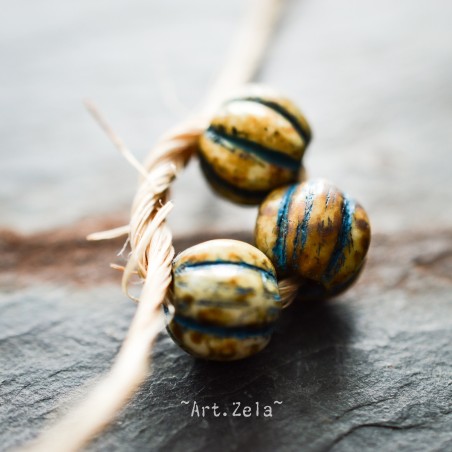 Melons Picasso bleu ivoire 8mm X10 Perles verre tchèque rustiques