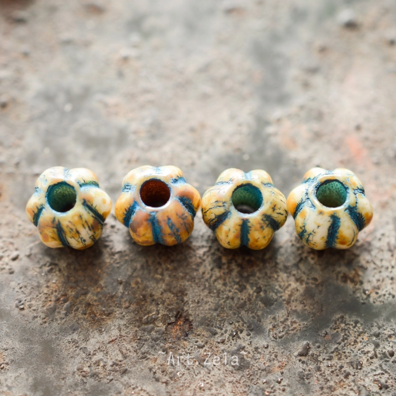 Melons Picasso bleu ivoire 8mm X10 Perles verre tchèque rustiques