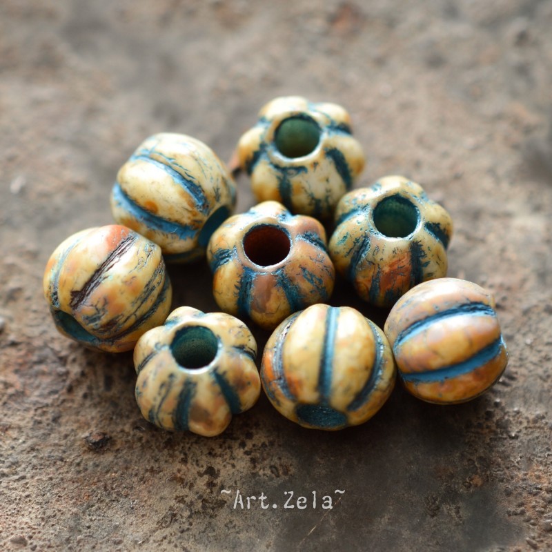 Melons Picasso bleu ivoire 8mm X10 Perles verre tchèque rustiques