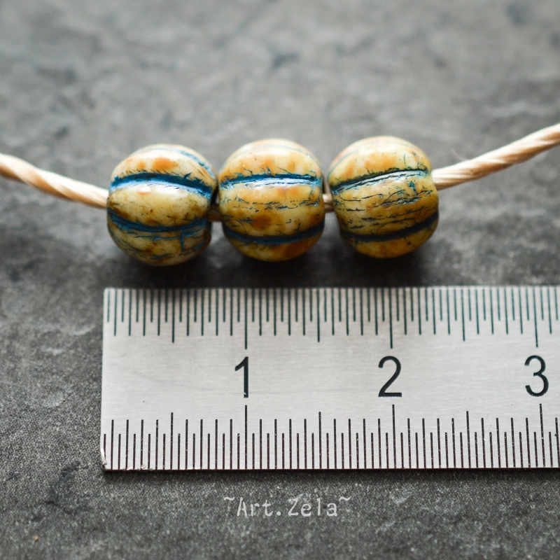 Melons Picasso bleu ivoire 8mm X10 Perles verre tchèque rustiques