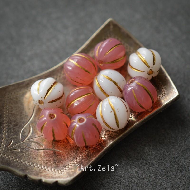 Melons rose et blanc 8mm X8 Perles verre tchèque premium