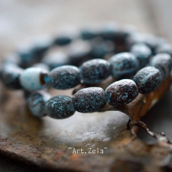 Olives bleu marron 9mm X6 Perles verre tchèque dépoli texturé