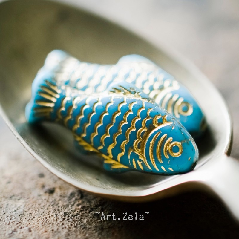 Poisson bleu doré opaque 25mm X4 Perles verre tchèque