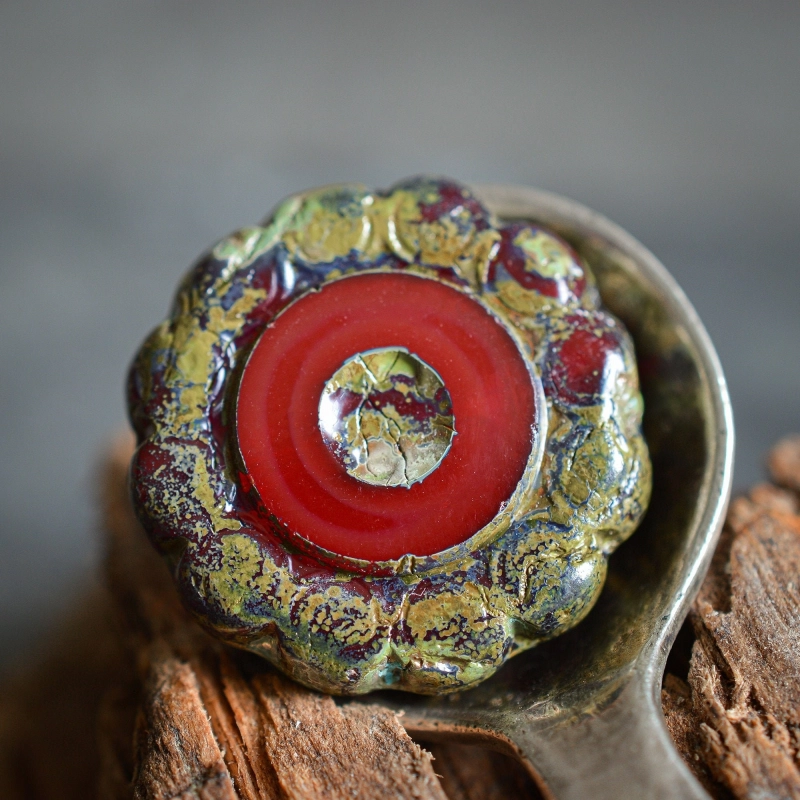 Tournesol rouge Picaso 19mm X1 Perle verre tchèque opaque