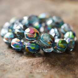 Melon facetté bleu kaléidoscope 8/10mm X4 Perles verre tchèque