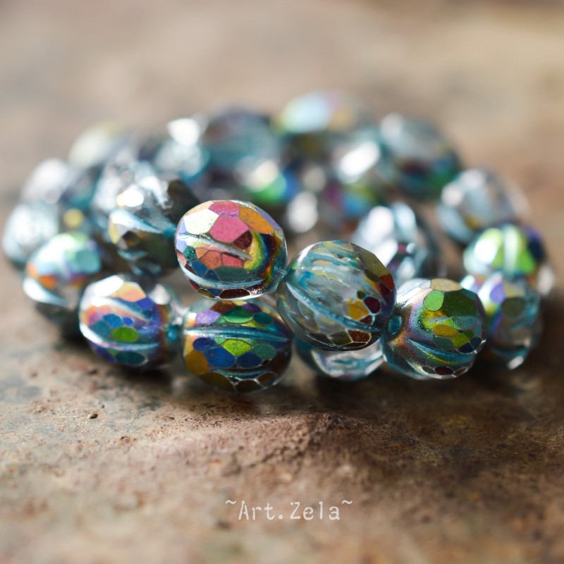 Melon facetté bleu kaléidoscope 8/10mm X4 Perles verre tchèque