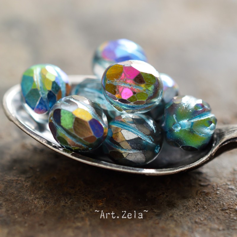 Melon facetté bleu kaléidoscope 8/10mm X4 Perles verre tchèque