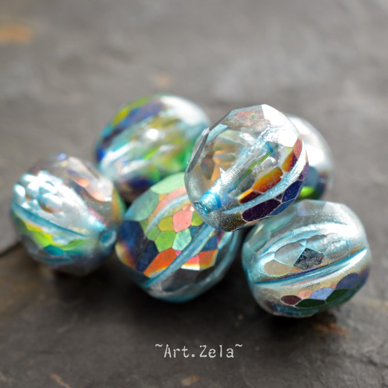 Melon facetté bleu kaléidoscope 8/10mm X4 Perles verre tchèque