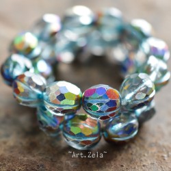 Melon facetté bleu kaléidoscope 8/10mm X4 Perles verre tchèque