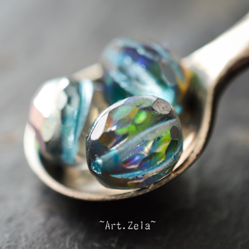 Melon facetté bleu kaléidoscope 8/10mm X4 Perles verre tchèque