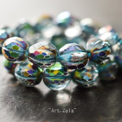 Melon facetté bleu kaléidoscope 8/10mm X4 Perles verre tchèque