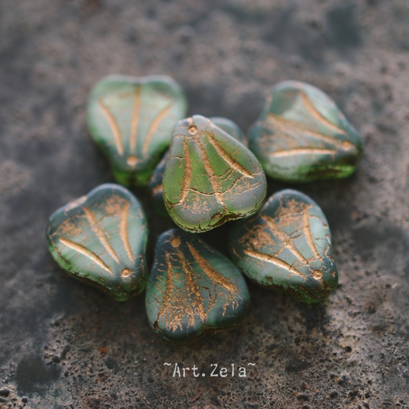 Lys vert bronze opalescent 13mm X6 Perles verre tchèque mat