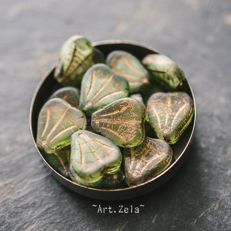 Lys vert bronze opalescent 13mm X6 Perles verre tchèque mat