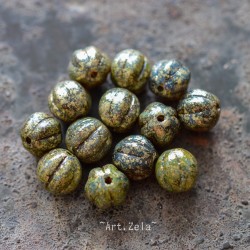 Melons Picasso vert doré 8mm X8 Perles verre tchèque