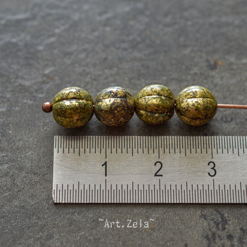 Melons Picasso vert doré 8mm X8 Perles verre tchèque