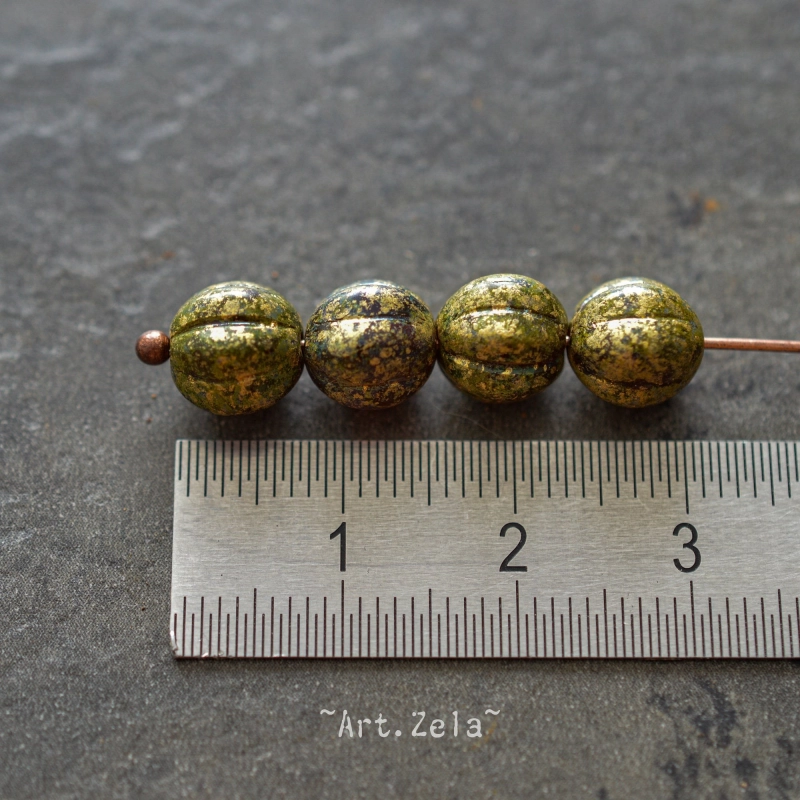 Melons Picasso vert doré 8mm X8 Perles verre tchèque