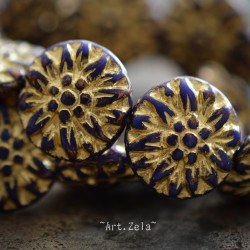 Dahlias indigo doré 14/15mm X4 Perles verre tchèque premium