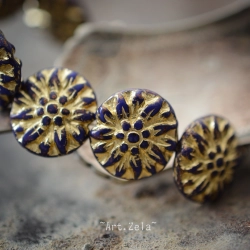 Dahlias indigo doré 14/15mm X4 Perles verre tchèque premium