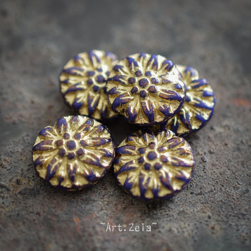 Dahlias indigo doré 14/15mm X4 Perles verre tchèque premium