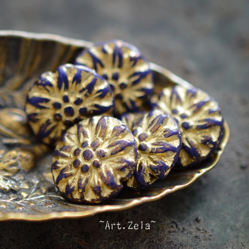 Dahlias indigo doré 14/15mm X4 Perles verre tchèque premium