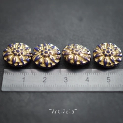 Dahlias indigo doré 14/15mm X4 Perles verre tchèque premium