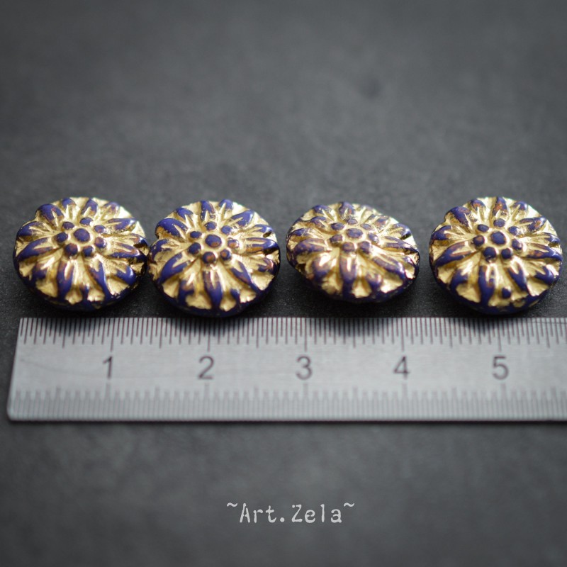 Dahlias indigo doré 14/15mm X4 Perles verre tchèque premium