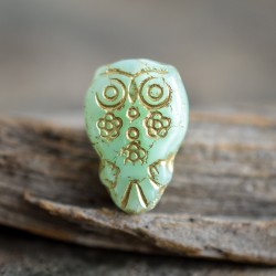 Chouette hibou vert tilleul doré 15mm X2 Perles verre tchèque