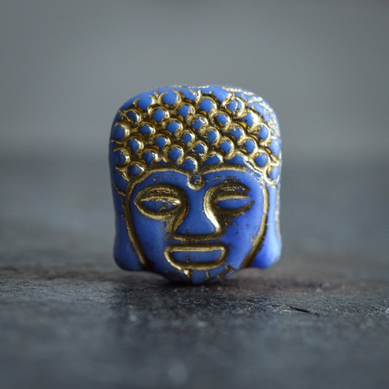 Bouddha bleu bronze 14mm X2 Perles verre tchèque opaque