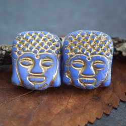 Bouddha bleu bronze 14mm X2 Perles verre tchèque opaque