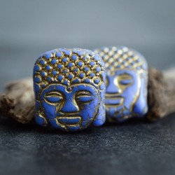 Bouddha bleu bronze 14mm X2 Perles verre tchèque opaque