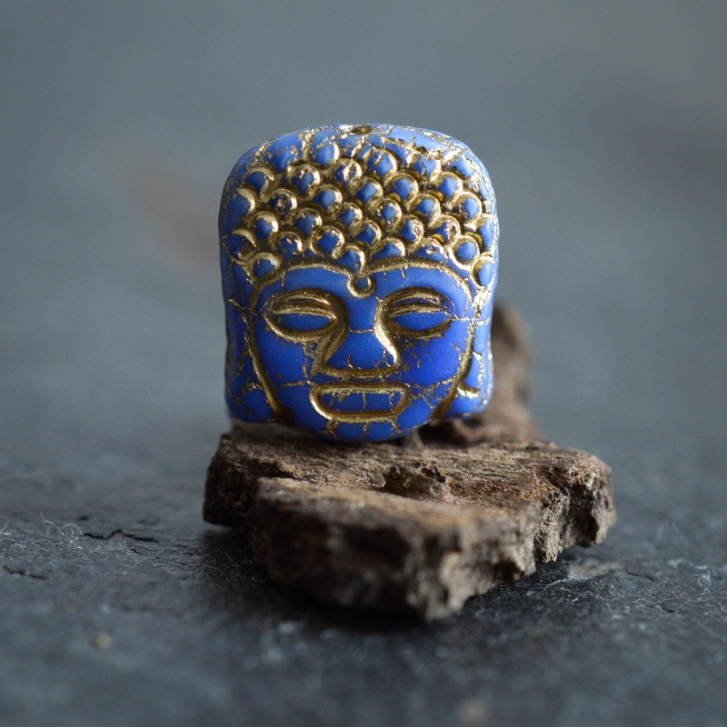Bouddha bleu bronze 14mm X2 Perles verre tchèque opaque