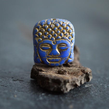 Bouddha bleu bronze 14mm X2 Perles verre tchèque opaque