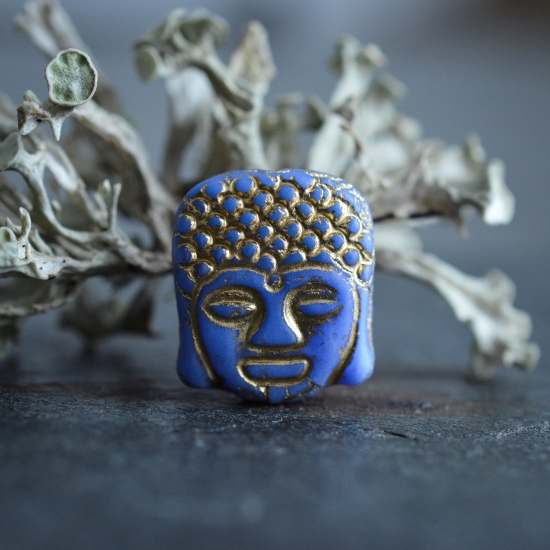 Bouddha bleu bronze 14mm X2 Perles verre tchèque opaque