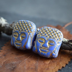 Bouddha bleu bronze 14mm X2 Perles verre tchèque opaque