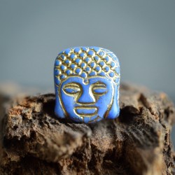 Bouddha bleu bronze 14mm X2 Perles verre tchèque opaque