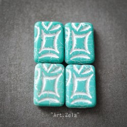 Perle rectangle turquoise blanc 19mm X2 Perles verre tchèque mat