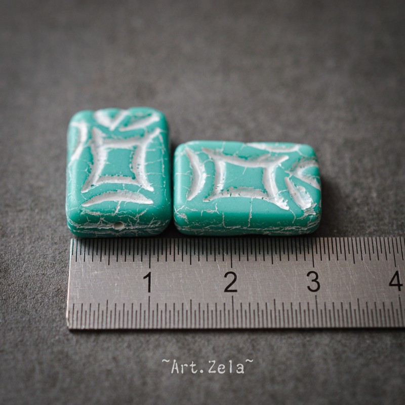 Perle rectangle turquoise blanc 19mm X2 Perles verre tchèque mat