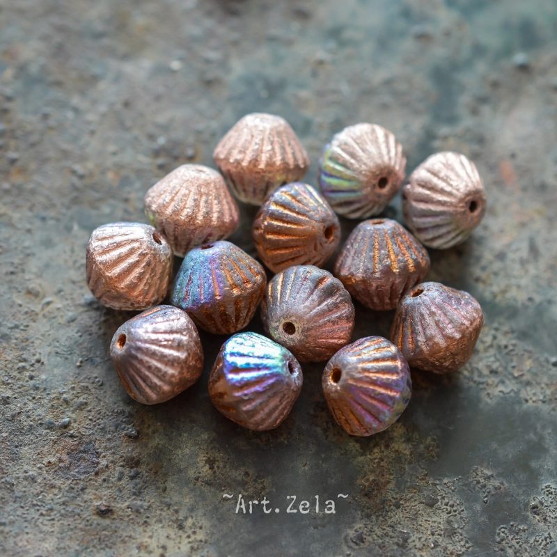 Bicônes cuivrés AB 11mm X6 Perles verre tchèque texturé