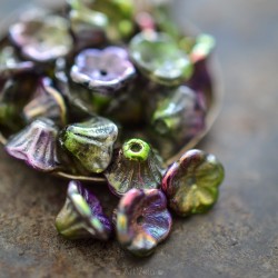 Clochettes vert violet bronze 7x5mm X30 Perles verre tchèque métallisé