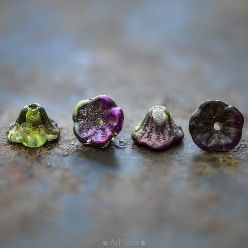 Clochettes vert violet bronze 7x5mm X30 Perles verre tchèque métallisé