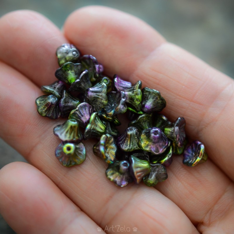 Clochettes vert violet bronze 7x5mm X30 Perles verre tchèque métallisé