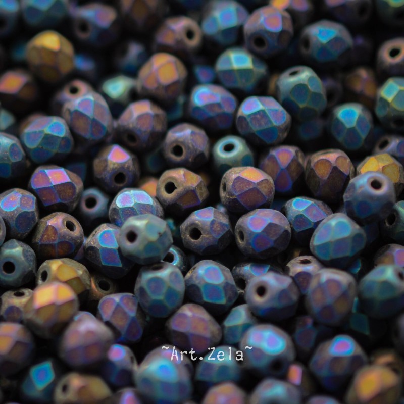 Facettes bleu violet bronze 4mm X50 Perles verre tchèque mat