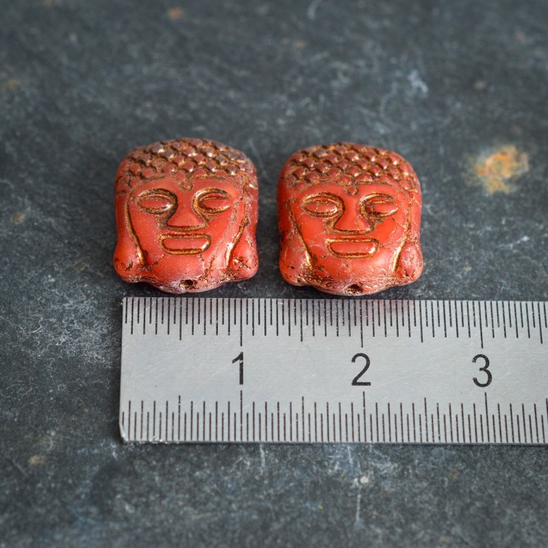 Perles Bouddha  rouge brique bronze 14mm X2 Perles verre tchèque