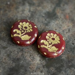 Marguerites bordeaux doré 18mm X2 Perles verre tchèque opaque