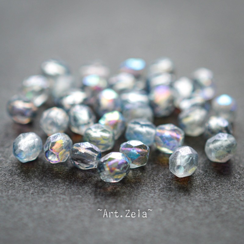 Facettes bleu gris irisé 4mm  X50 Perles verre tchèque texturé