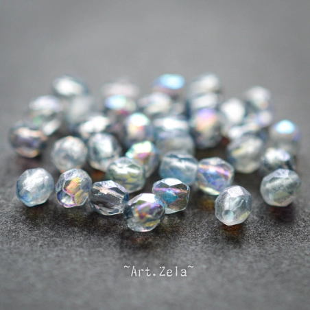 Facettes bleu gris irisé 4mm  X50 Perles verre tchèque texturé