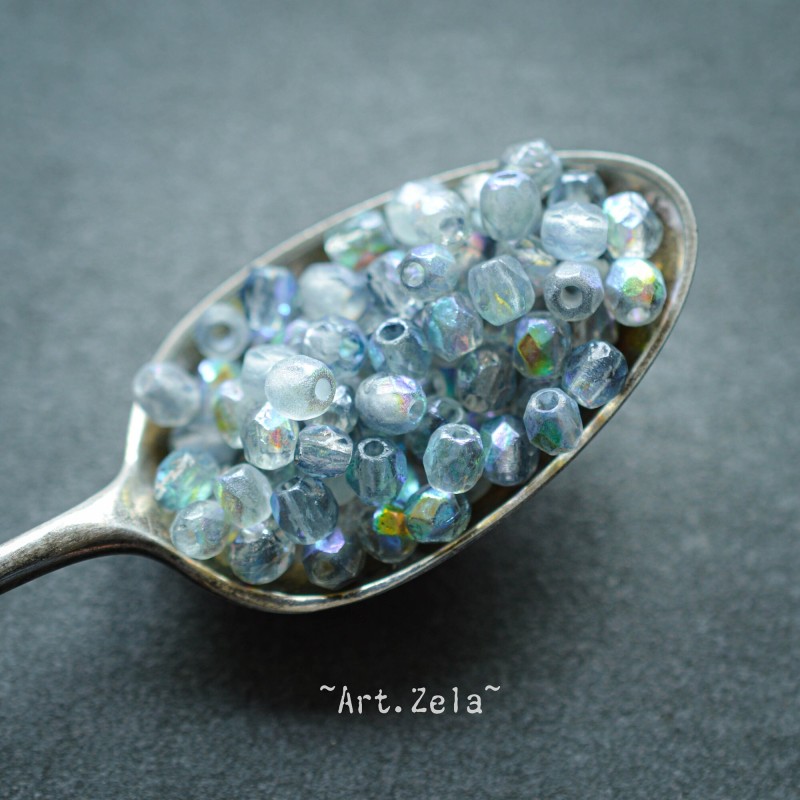 Facettes bleu gris irisé 4mm  X50 Perles verre tchèque texturé